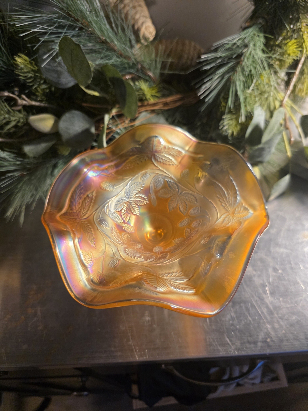 Fenton Orange Iridescent Ruffled Compote with Floral Pattern - Picture 3 of 4